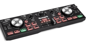 The DJ controller with mixer, two jog wheels, and buttons labeled "Numark" and "Serato" is a perfect gift idea for musicians. Black with red accents, it offers versatile control options to elevate any performance.